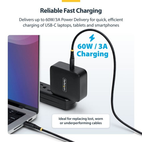 StarTech.com 2m (6ft) USB-C Charging Cable, 60W (3A) PD, Dual-Layer Braided Nylon/TPE Jacket, Rugged USB C Charging Cord, USB 2.0 Laptop Charger Cable