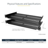 StarTech.com 2-Pack 1U Server Rack Shelf, Vented Rackmount Cantilever Tray for 19" Network Rack or Cabinet, Heavy-Duty 10" (25cm) Deep, Up to 44lb (20kg) Each