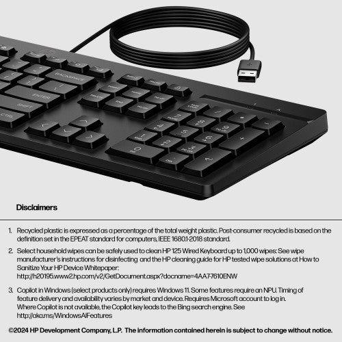 HP 125 Wired (Bulk) keyboard Office USB Black