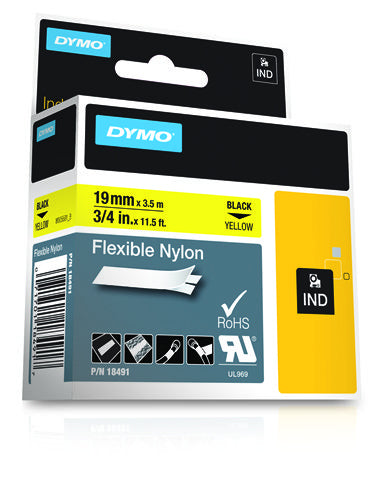 Dymo 18491/S0718090 Ribbon Nylon flexible black on yellow 19mm x 3,5m for Dymo Rhino 6-19mm/24mm