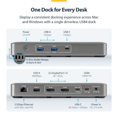 StarTech.com USB4 Docking Station, Driverless Dual 4K for macOS and Windows, Universal USB-C Dock with 100W Laptop Charging and 2.5GbE