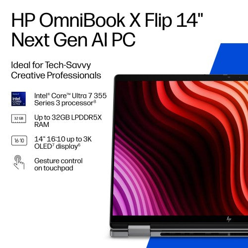 HP OmniBook X Flip 2-in-1 Laptop Next Gen AI 14-kb0000nax Copilot+ PC Intel Core Ultra 7 35.6 cm (14") Touchscreen 2K 16 GB LPDDR5x-SDRAM 512 GB SSD Wi-Fi 7 (802.11be) Windows 11 Home Silver
