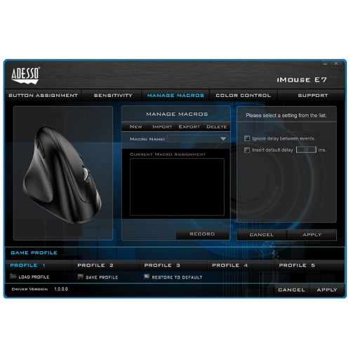 Adesso iMouse E7 - Left-Handed Vertical Ergonomic Programmable Gaming Mouse with adjustable weight