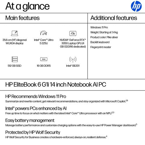 HP EliteBook 6 G1i AI Intel Core Ultra 5 225U Laptop 35.6 cm (14") WUXGA 16 GB DDR5-SDRAM 512 GB SSD Wi-Fi 7 (802.11be) Windows 11 Pro AI PC Silver