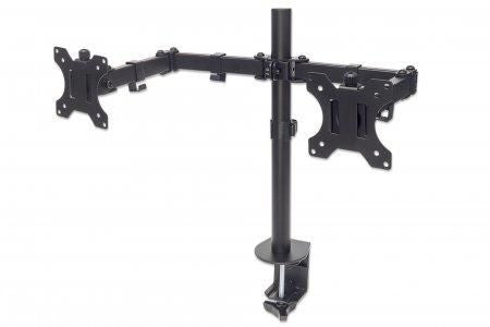 Manhattan Dual Desk Mount for TV & Monitors (Full Motion), For screens 10" to 27", Clamp Assembly, VESA compatibility: 75x75 and 100x100mm - check the dimensions of the four mounting holes on back of screen to ensure it fits, Max 8kg (each), Black, Bracke