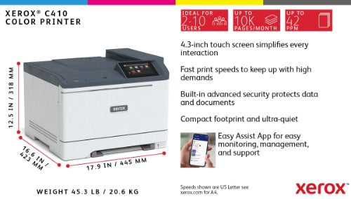 Xerox C410 A4 40ppm Duplex Printer PS3 PCL5e/6 2 Trays 251 Sheets