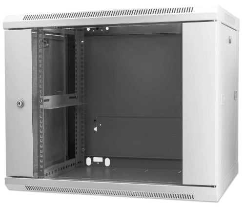 Intellinet 19" Network Cabinet - Wall Mount (Standard), 9U, 600mm Deep, Grey, Assembled, Max 60kg, Suitable also for use on desk or floor, Usable Depth 500mm, Metal & Glass Door, Back Panel, Removeable Sides, Parts for wall install (eg screws/rawl plugs)