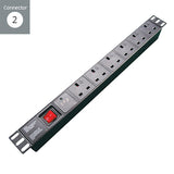 connektgear 3m 6 Way Surge Protected Horizontal Rack Mount Power Extension Block UK Plug to 6 x UK Sockets - Black