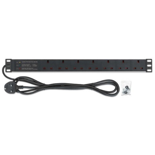 Intellinet 19" 1U PDU 7-way UK, Surge Protection, Rackmount, Power Distribution Unit, UK 3-pin outlets, 3m power cord, output