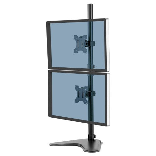 Fellowes Seasa Dual Stacking Monitor Arm - Freestanding Monitor Mount for 8KG 32 inch Screens - Ergonomic Adjustable Monitor Arm - Tilt 45° Pan 120° Rotation 360°, VESA 75 x 75/100 x 100 - Black