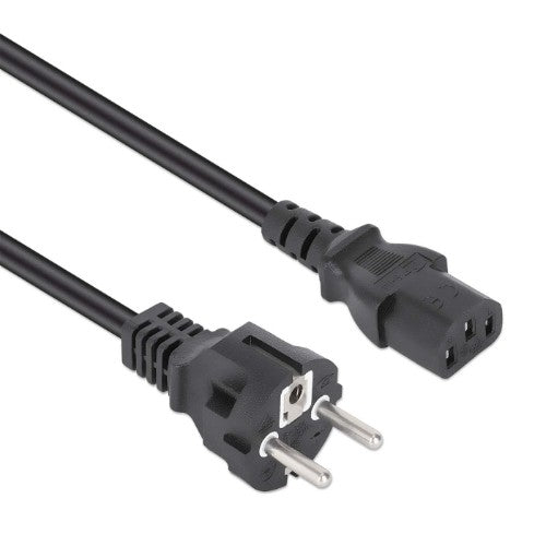 Manhattan Mains Power Cord/Cable, Euro 2-pin plug (CEE 7/4 Schuko) to C13 Female (kettle lead), 3m, 10A, Black, Lifetime Warranty
