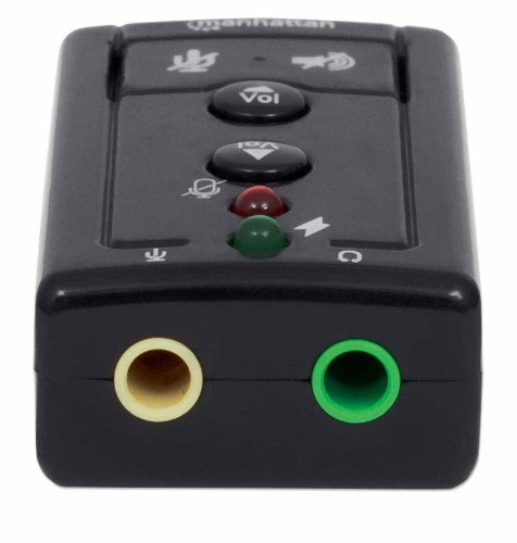 Manhattan USB-A Sound Adapter, USB-A to 3.5mm Mic-in and Audio-Out ports, 480 Mbps (USB 2.0), 7.1-Channel Virtual 3D Surround Sound, Internal Amplifier and Volume Controls, Hi-Speed USB, Three Year Warranty, Equivalent to ICUSBAUDIO7.