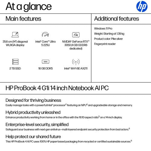 HP ProBook 4 G1i AI Intel Core Ultra 5 225U Laptop 35.6 cm (14") WUXGA 16 GB DDR5-SDRAM 256 GB SSD Wi-Fi 6E (802.11ax) Windows 11 Pro AI PC Silver