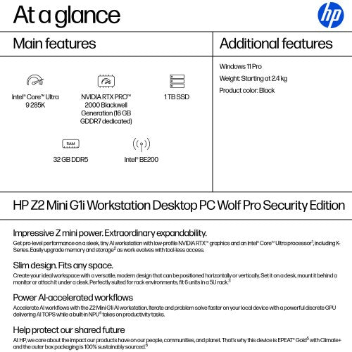 HP Z2 Mini G1i Wolf Pro Security Edition Intel Core Ultra 9 285K 32 GB DDR5-SDRAM 1 TB SSD NVIDIA RTX Pro 2000 Blackwell Windows 11 Pro Mini PC Workstation AI Workstation, AI PC Black