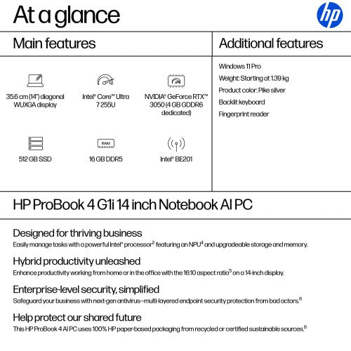 HP ProBook 4 G1i AI Intel Core Ultra 7 255U Laptop 35.6 cm (14") WUXGA 16 GB DDR5-SDRAM 512 GB SSD Wi-Fi 7 (802.11be) Windows 11 Pro AI PC Silver