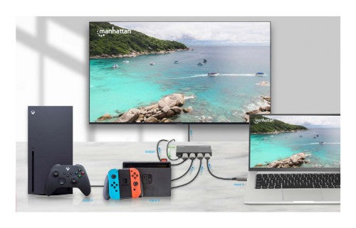 Manhattan 4K@60Hz 3-Port HDMI Switch, Switches Between Three HDMI Inputs on One HDMI Output (3x1), 18G, Automatic and Manual Switching, IR Remote Control, Black