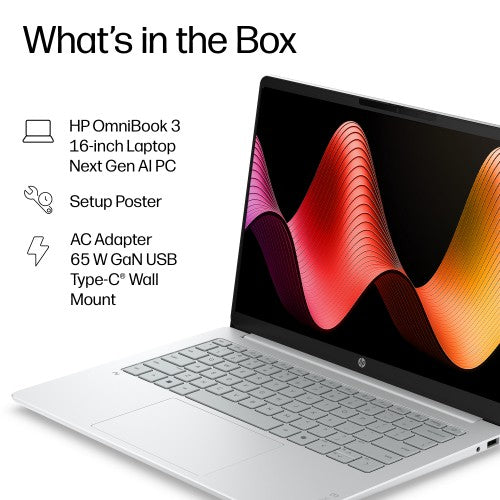 HP OmniBook 3 Laptop Next Gen AI 16-bz0013nax Copilot+ PC Snapdragon 40.6 cm (16") 2K 16 GB LPDDR5x-SDRAM 256 GB SSD Wi-Fi 6E (802.11ax) Windows 11 Home Silver