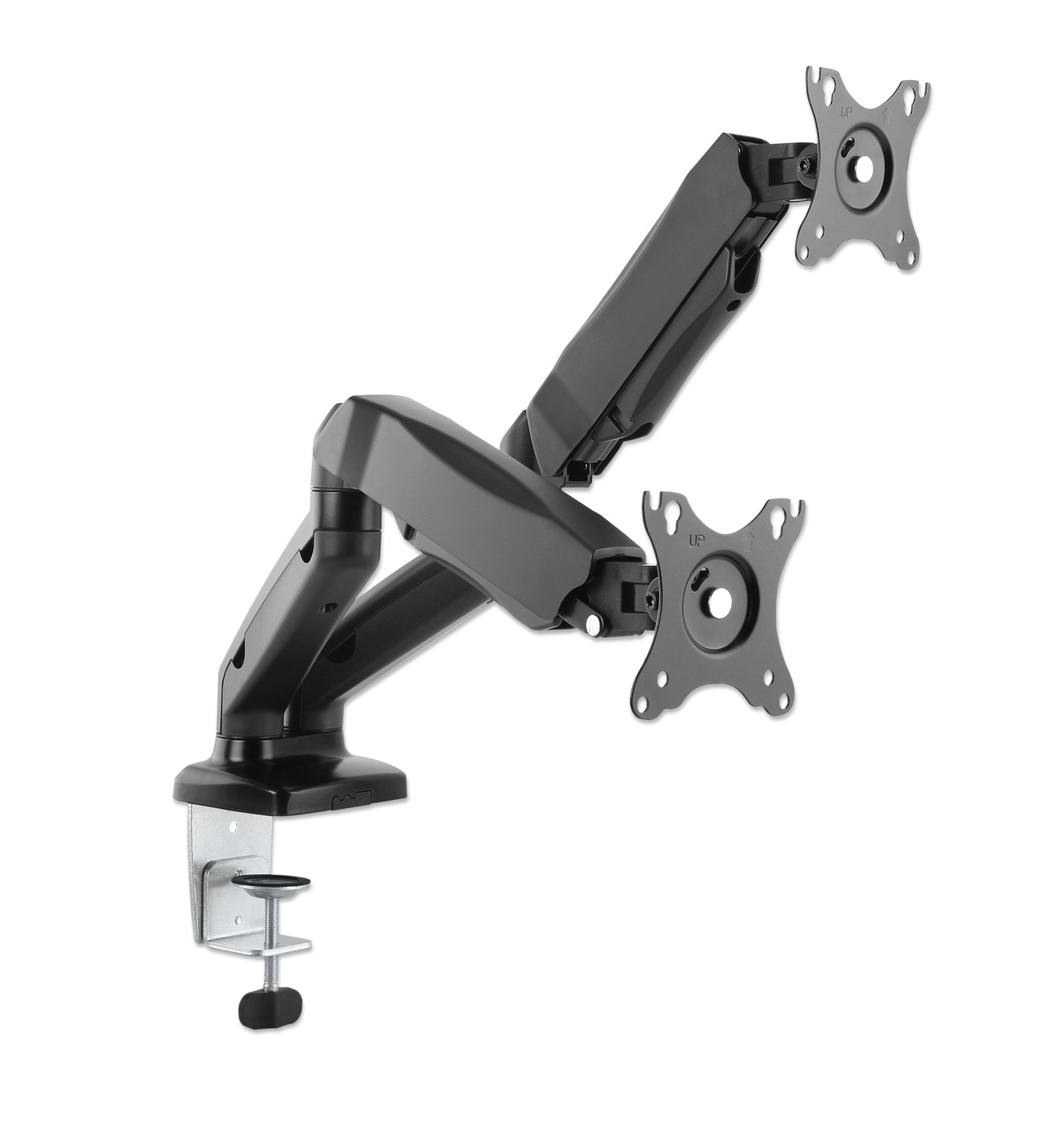 Manhattan TV & Monitor Mount, Desk, Full Motion (Spring), 2 screens, Screen Sizes: 10-27", Black, C-Clamp or Grommet Assembly, Dual Screen, VESA 75x75 to 100x100mm, Max 9kg (each)  - Monitors & Accessories - Manhattan