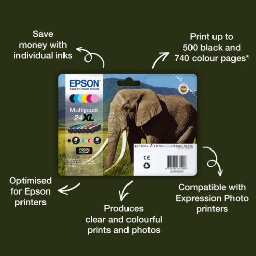 Epson C13T24384011/24XL Ink cartridge multi pack Bk,C,M,Y,LC,LM high-capacity, 6x740 pages 500pg + 5x740 pg, 1x10ml + 3x9ml + 2x10ml Pack=6 for Epson XP 750