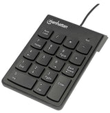 Manhattan Numeric Keypad, Wired, USB-A, 18 Full Size Keys, Black, Membrane Key Switches, Windows and Mac, Three Year Warranty