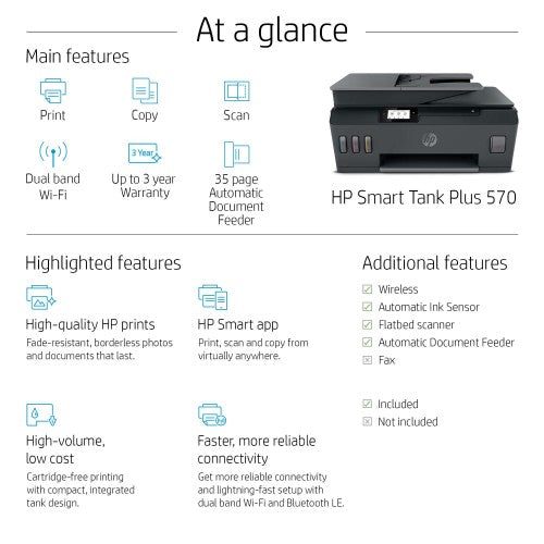 HP Smart Tank Plus 570 Wireless All-in-One Color Printer, Copier, Scanner