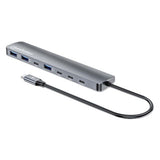Manhattan USB-C Dock/Hub, Ports (x7): USB-A (x3) and USB-C (x4), with Power Delivery (PD) 100W- requires external USB-C charger (not included). USB powered (no external power supply required) when PD is not in use, Aluminium