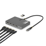 StarTech.com USB-C to Quad-Monitor Workstation Adapter, 4K 60Hz DisplayPort, 140W PD Passthrough for Laptop Charging, USB Port for Wireless Keyboard / Mouse, TAA