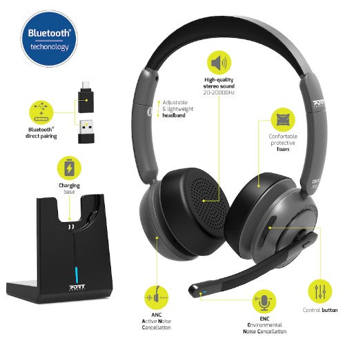 Port Designs 912003 headphones/headset Wired & Wireless Head-band Office/Call center Bluetooth Charging stand Black