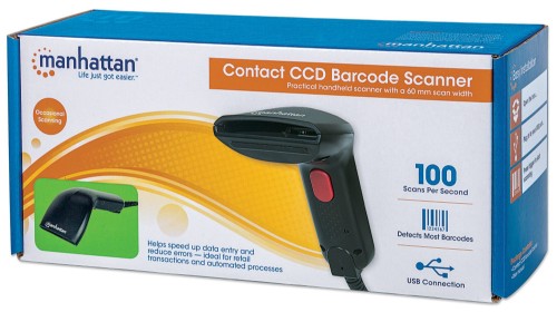 Manhattan Contact CCD Handheld Barcode Scanner, USB, 60mm Scan Width, Cable 152cm, Max Ambient Light 5,000 lux (sunlight), Black, Three Year Warranty