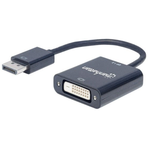 Manhattan DisplayPort 1.2a to DVI-D 24+1 Adapter Cable, 1080p@60Hz, 23cm, Male to Female, Active, Compatible with DVD-D, Black, Three Year Warranty, Equivalent to DP2DVIS