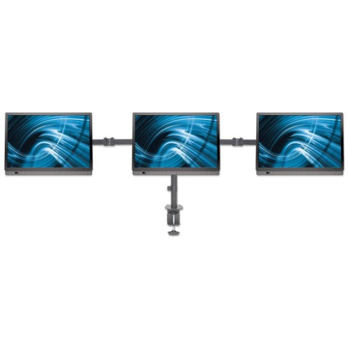 Manhattan Triple Desk Mount for TV & Monitors, For screens: 10" to 27", Clamp Assembly, VESA compatability: 75x75 and 100x100mm - check the dimensions of the four mounting holes on back of screen to ensure it fits, Max 7kg (each), Black, Bracket, Lifetime