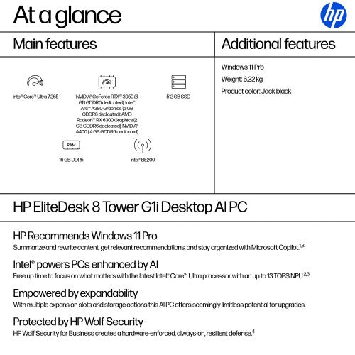 HP EliteDesk 8 Tower G1i AI Intel Core Ultra 7 265 16 GB DDR5-SDRAM 512 GB SSD Windows 11 Pro PC AI PC Black