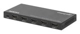 Manhattan HDMI Splitter with downscaling 4-Port , 4K@60Hz, Displays output from x1 HDMI source to x4 HD displays (same output to four displays), Downscale button to adjust a 4K input signal into 1080p, Micro-USB to USB-A power cable included (cable 0.8m),