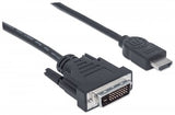 Manhattan HDMI to DVI-D 24+1 Cable, 2m, Male to Male, Black, Dual Link, Compatible with DVD-D, Lifetime Warranty, Equivalent to HDDVIMM2M