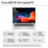 HP ENVY x360 16-ac0004na Intel Core Ultra 7 155U Hybrid (2-in-1) 40.6 cm (16") Touchscreen 2K 16 GB LPDDR5-SDRAM 1 TB SSD Wi-Fi 7 (802.11be) Windows 11 Home AI PC Silver