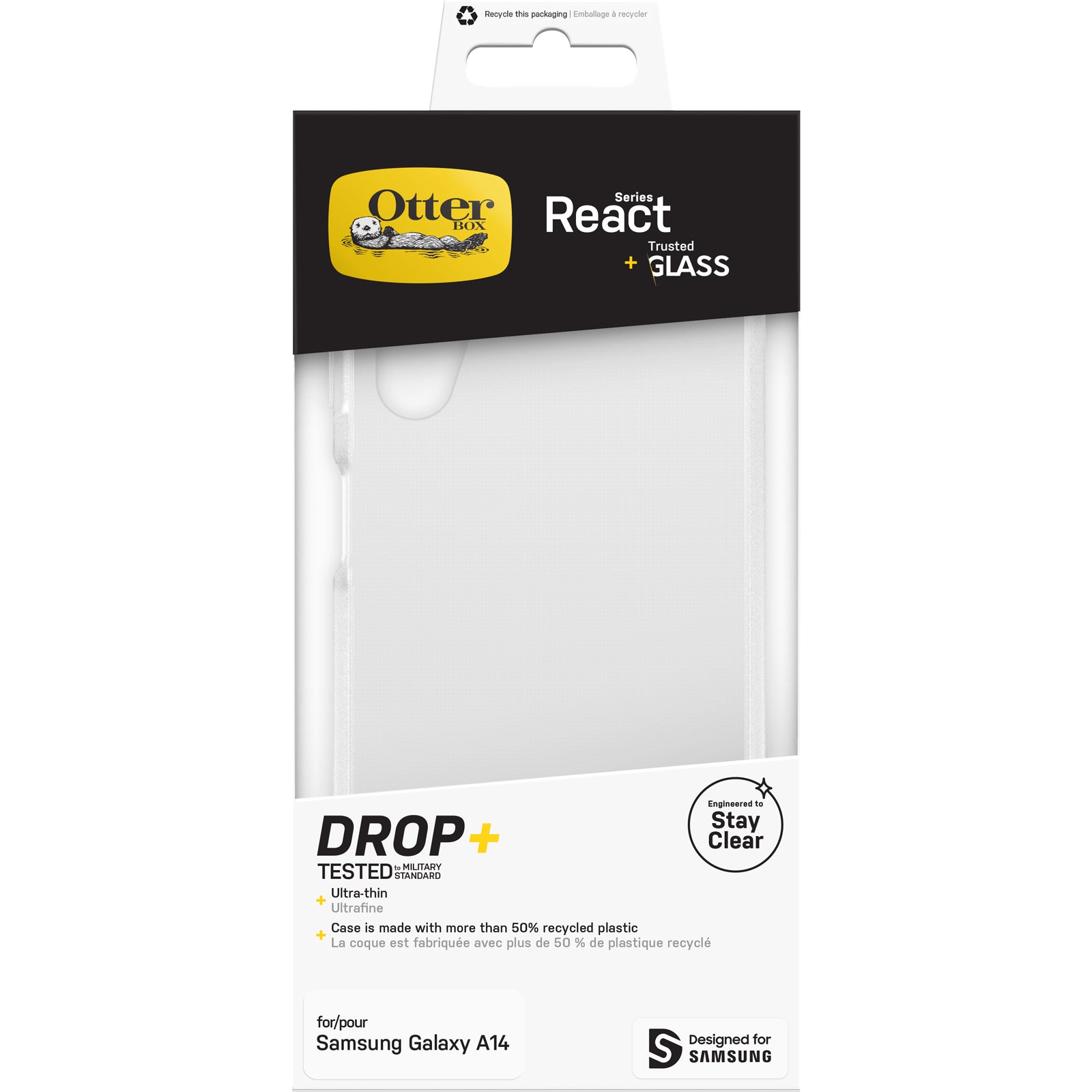 OtterBox Drop Protection Bundle for Galaxy A14; React Clear Case Tested to Military Standard and Trusted Glass Screen Protector 2x Antiscratch Technology