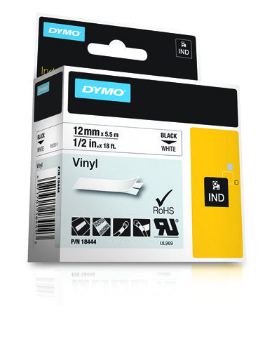 Dymo 18444/S0718600 Ribbon Vinyl black on white 12mm x 5.5m for Dymo Rhino 6-12mm/19mm/24mm