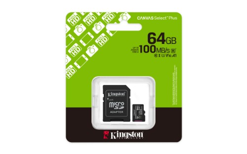 Kingston Technology 64GB microSDXC Canvas Select Plus Gen3 100MB/s A1 Card + Adapter