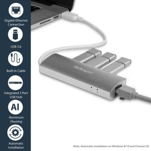 StarTech.com 3-Port Portable USB 3.0 Hub plus Gigabit Ethernet - Built-In Cable~3-Port Portable USB 3.0 Hub plus Gigabit Ethernet - 5Gbps - Built-In Cable
