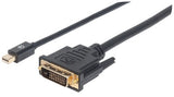 Manhattan Mini DisplayPort 1.2a to DVI-D 24+1 Cable, 1080p@60Hz, 1.8m, Male to Male, Compatible with DVD-D, Black, Lifetime Warranty