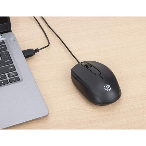 Manhattan Comfort II USB Wired Mouse, Black, 1000dpi, USB-A, Optical, Ambidextrous, Portable/Compact, Three Button with Scroll Wheel, Three Year Warranty
