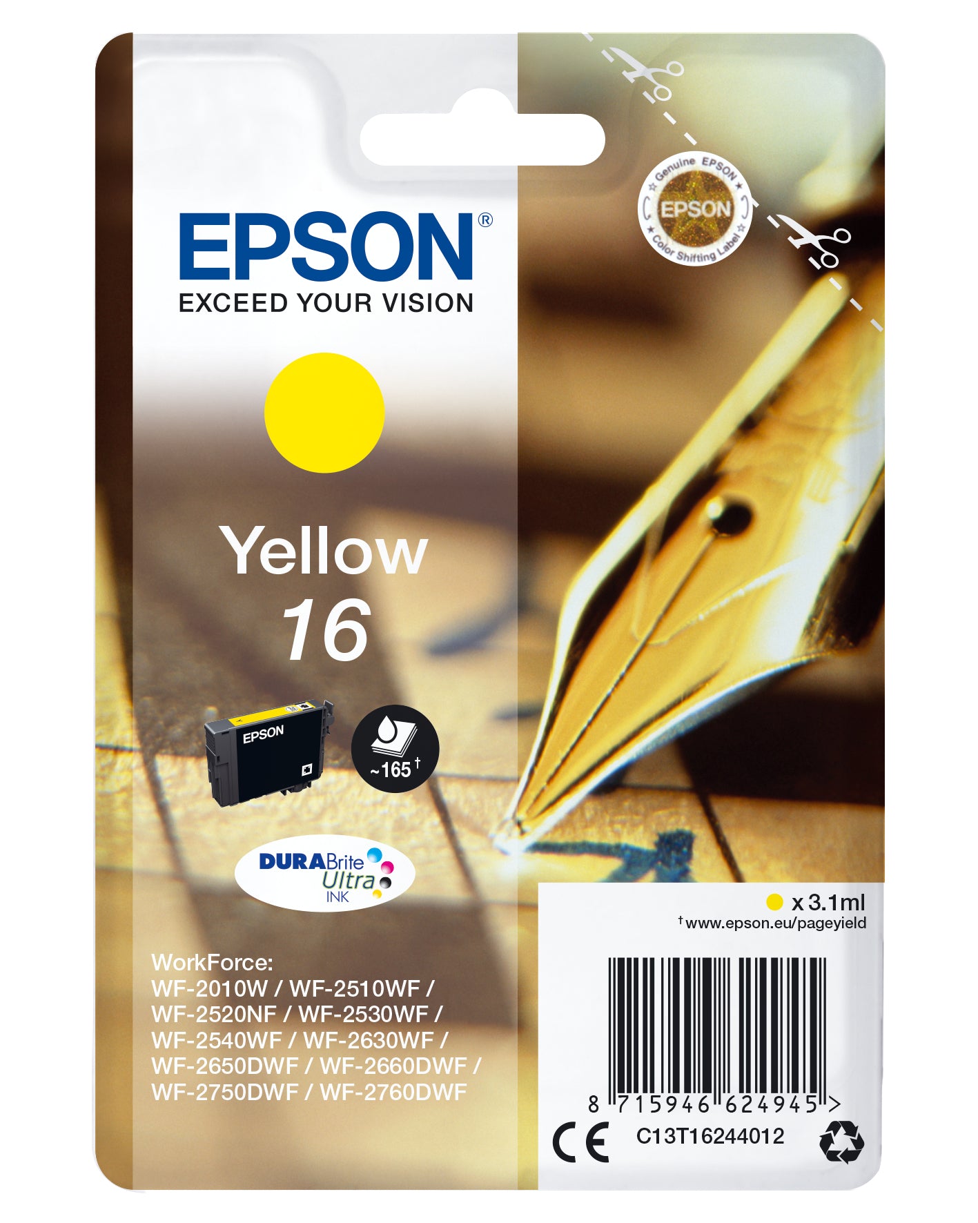 Epson C13T16244012/16 Ink cartridge yellow, 165 pages 3,1ml for Epson WF 2010/2660/2750