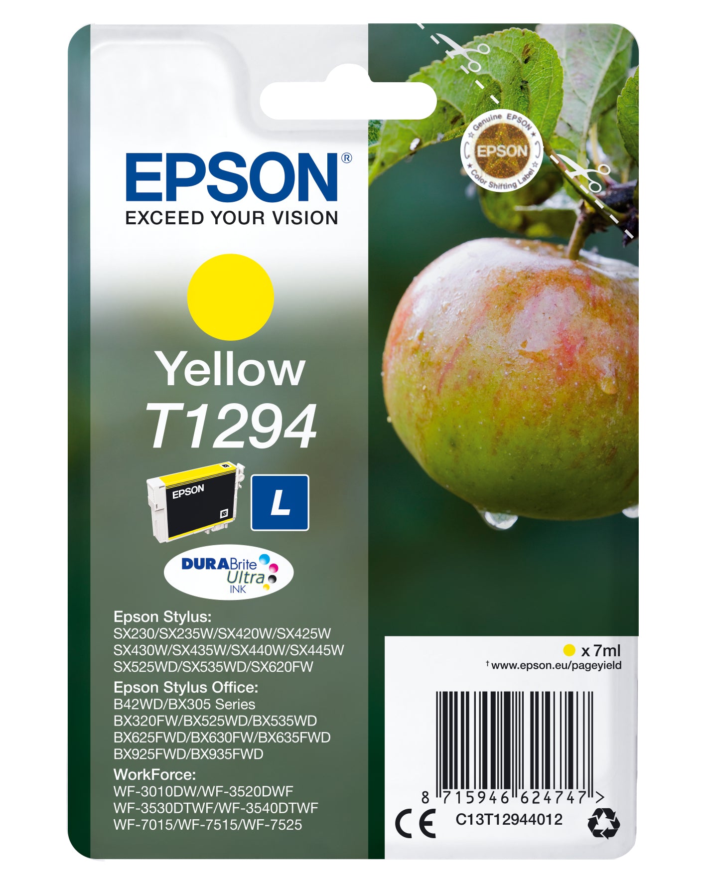 Epson C13T12944012/T1294 Ink cartridge yellow, 515 pages ISO/IEC 19752 7ml for Epson Stylus BX 320/SX 235 W/SX 420/SX 525/WF 3500