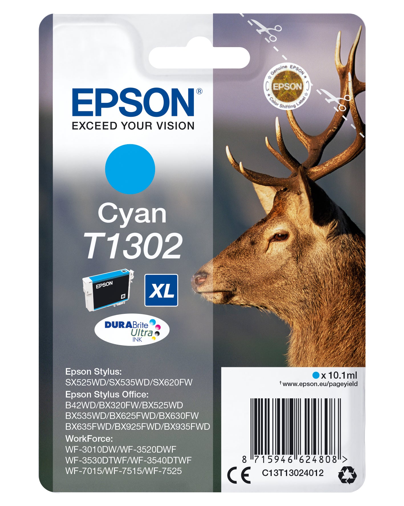 Epson C13T13024012/T1302 Ink cartridge cyan XL, 765 pages 10,1ml for Epson Stylus BX 320/SX 525/WF 3500