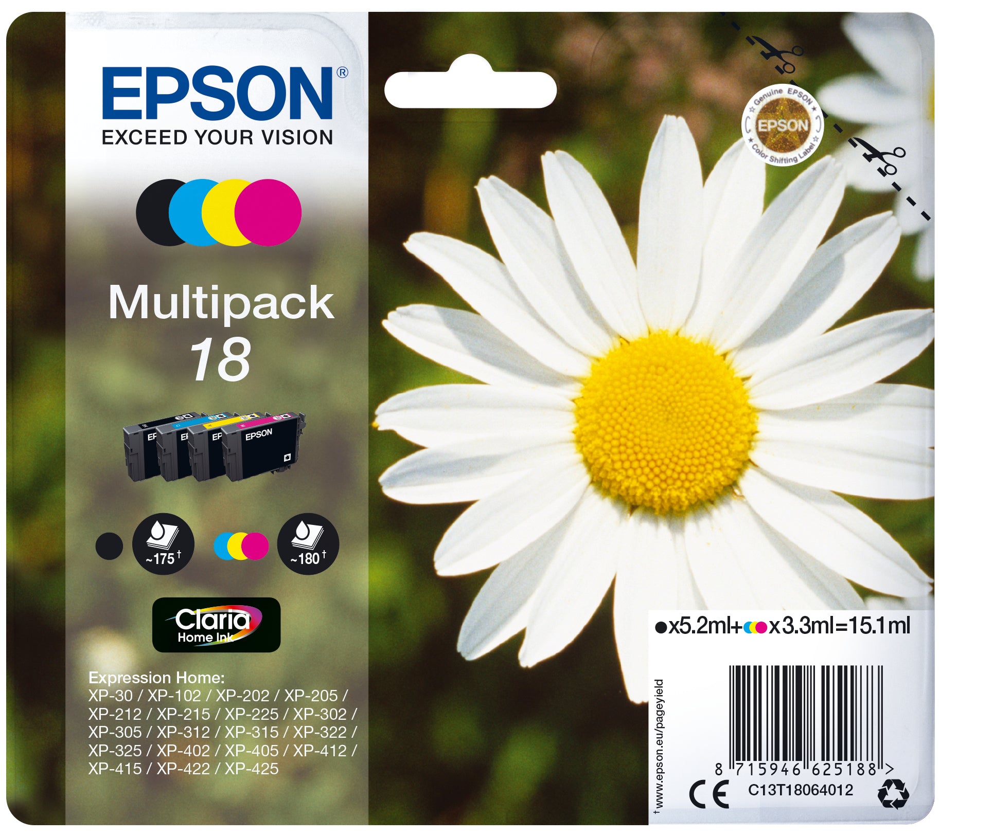 Epson C13T18064012/18 Ink cartridge multi pack Bk,C,M,Y 175pg + 3x180pg, 1x 5ml + 3x 3ml Pack=4 for Epson XP 30