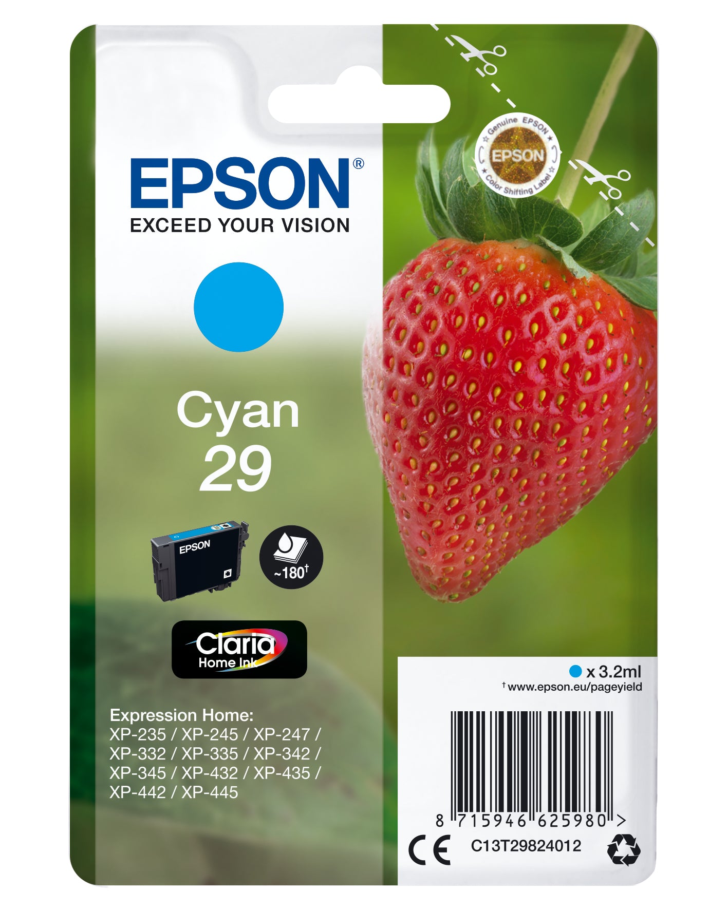 Epson C13T29824022/29 Ink cartridge cyan Blister Radio Frequency, 180 pages 3,2ml for Epson XP 235/335