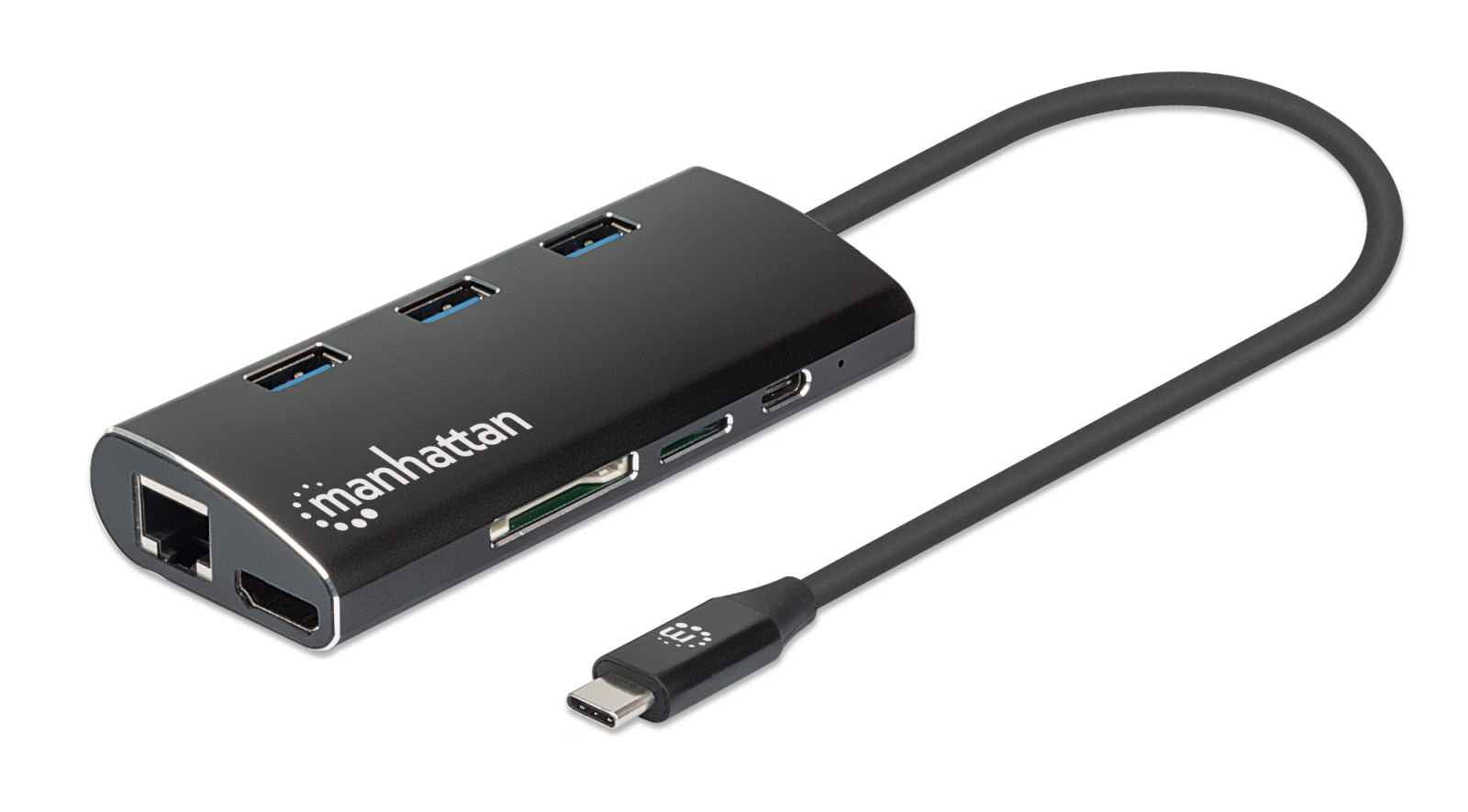 Manhattan USB-C Dock/Hub with Card Reader, Ports (x6): Ethernet, HDMI, USB-A (x3) and USB-C, With Power Delivery (100W) to USB-C Port (Note additional USB-C wall charger and USB-C cable needed), Equivalent to DKT30CSDHPD3, Aluminium, Black, 3 Year Warrant