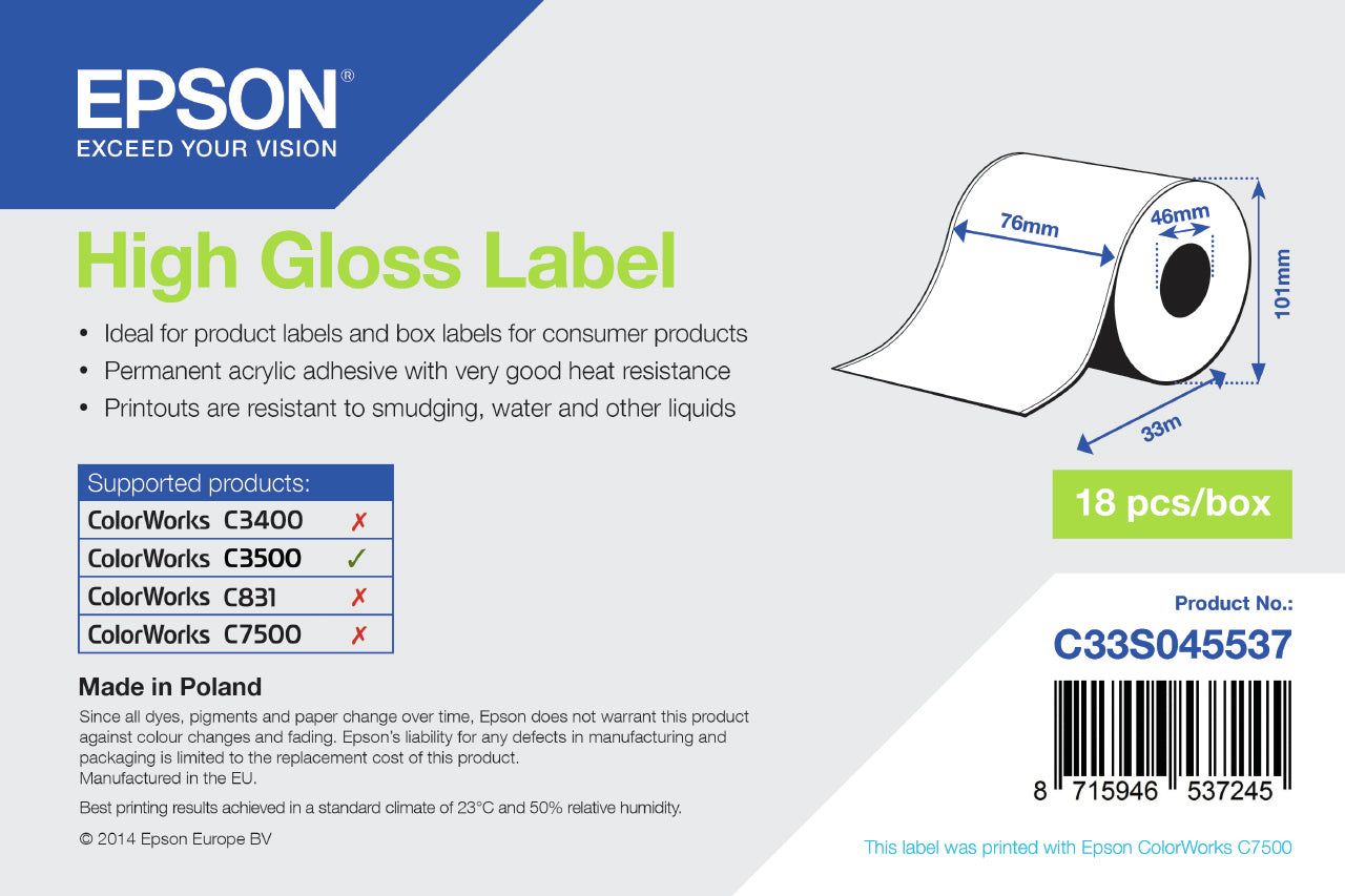 Epson C33S045537 Format-etikettes gloss 76mm x 33m for Epson TM-C 3500
