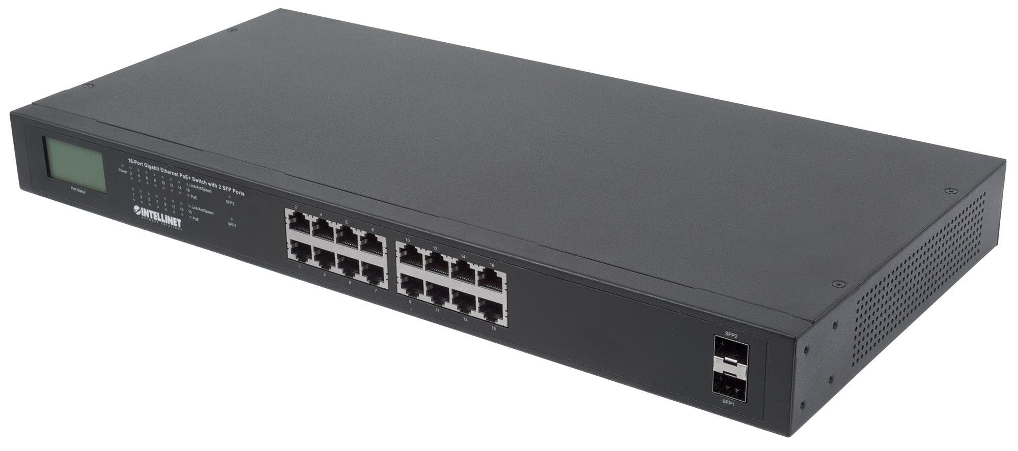 Intellinet 16-Port Gigabit Ethernet PoE+ Switch with 2 SFP Ports, LCD Display, IEEE 802.3at/af Power over Ethernet (PoE+/PoE) Compliant, 370 W, Endspan, 19" Rackmount (UK Power Cord)