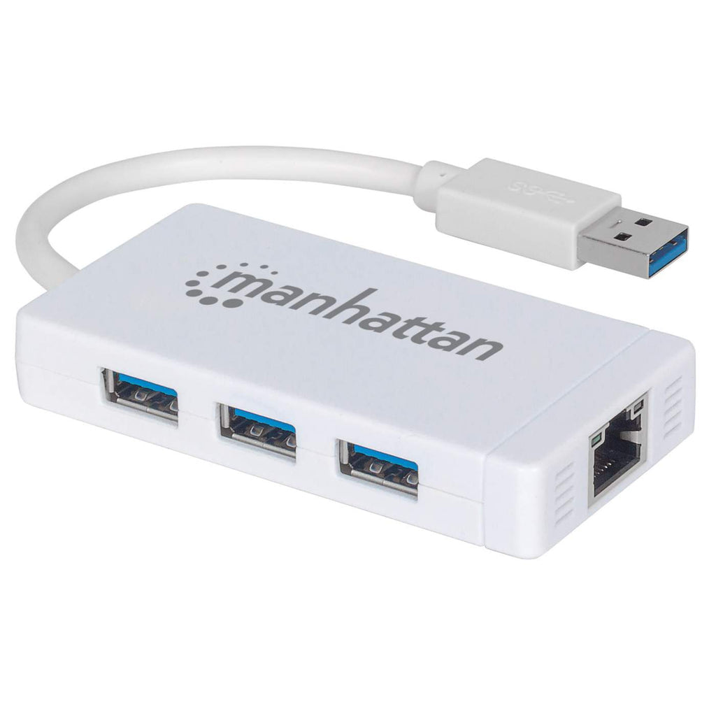 Manhattan USB-A 3-Port Hub with Gigabit Ethernet Adapter, 3x USB-A Ports, 5 Gbps (USB 3.2 Gen1 aka USB 3.0), 1x Ethernet 10/100/1000Mbps network, Equivalent to ST3300GU3B, RJ45, SuperSpeed USB, White, Three Year Warranty, Blister